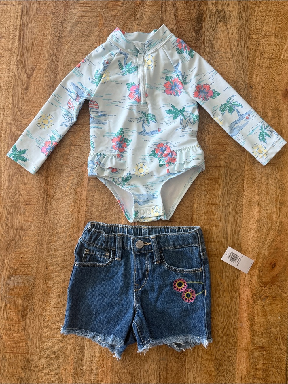 Tropical/Floral Long-Sleeve One-Piece Swimsuit with Old Navy Jeans Shorts